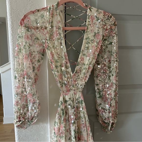 NWT A93746 Anthropologie Mac Duggal Sequined Floral Print Cutout Lace-Up Gown - Picture 4 of 7